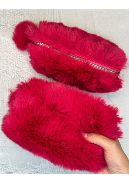 Ponponlu Peluş Koyu Pembe Kalem Kutu Kalemlik Toparlayıcı Çanta