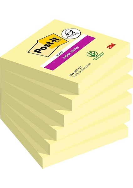 Super Sticky Notes Kanarya Sarısı, 6 Bloklu Paket, Blok Başına 90 Yaprak, 76 mm x 76 Mm, Renk: Sarı - Notlar, Yapılacaklar Listeleri ve Hatıralar Için Ekstra Güçlü Yapışkan Not Kağıdı