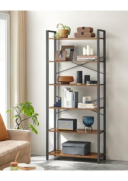 Kitaplık, 6 Katlı Raf, Çelik Çerçeveli Yüksek Rustik Raf, Oturma Odası, Ofis, Çalışma Odası, Koridor, Endüstriyel Tarz, 80 x 30 x 186 Cm, Rustik Kahverengi ve Siyah LLS082B01 fırsatları