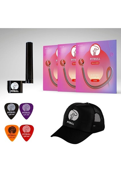 Venüs Seri Elektro Gitar Teli Veg 10-60 7 Telli 3'lü Set + Pitbull Şapka, Pitbull Tel Sihirbazı,pitbull Pena Hediyeli