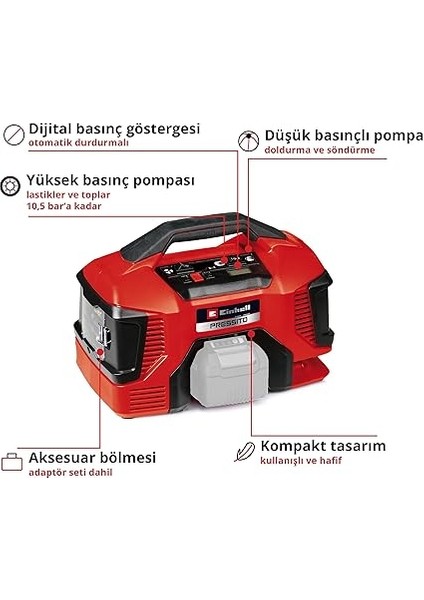 Pressito 18/21 Power X-Change Akülü Hava Kompresörü (18 V, Maks. 10.5 Bar, 21 L/dk Emiş Gücü, 18000 Rpm Motor Hızı, Yağsız, Akü Dahil Değildir) - 4020467 modelleri
