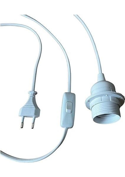 2 Metre Arapuarlı (Aç Kapat Anahtar) Fişli Abajur Lambader Duyu Seyyar E27 (2x0,50) (Beyaz)