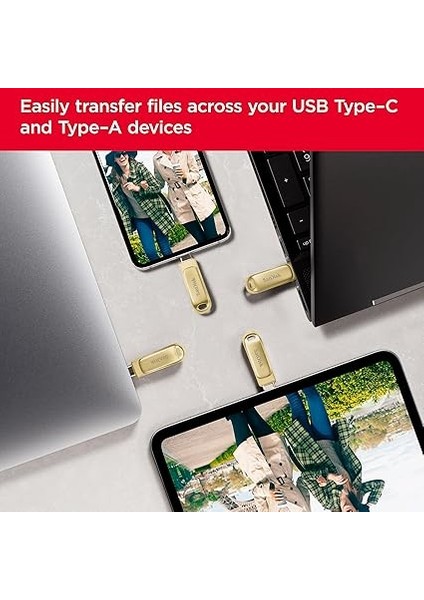 Ultra Dual Drive Luxe USB Type-C Sürücü Akıllı Telefon Bellek 128 GB (Mobil Bellek, USB 3.2 Gen 1, Döner Tasarım, 400 Mb/s Okuma, USB Sürücü, Otomatik Yedekleme) Altın modelleri