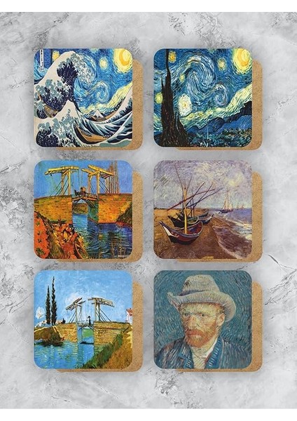 Van Gogh Temalı Ahşap Bardak Altlığı Ahşap Baskılı Altlık 6'lı Set (9 X9CM) KARBONNM14 indirimleri