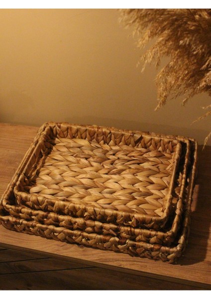 3lü Hasır Su Sümbülü Dikdörtgen Tepsi