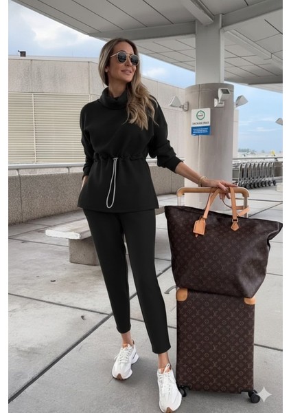 Eyesof Kadın Uzun Kollu Balıkçı Yaka Belden Lastikli Modal Bluz ve Pantolon Ikili Takım