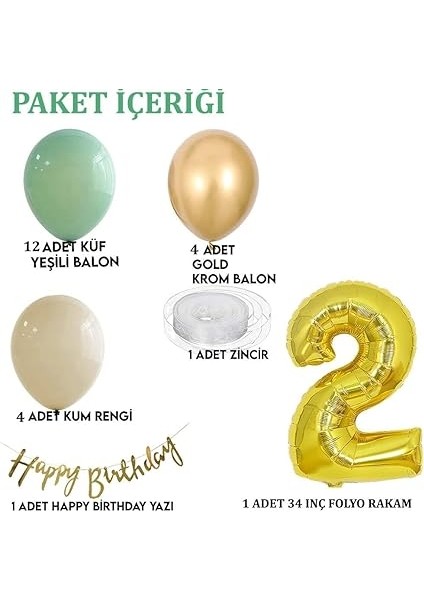 Gitti 2 Yaş Küf Yeşili, Deniz Kumu ve Krom Gold Balonlu Konsept Doğum Günü Seti fiyatları