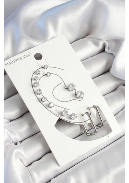 316L Çelik Dikdörtgen Figürlü ve Zirkon Taşlı Gümüş Renk 7'li Çift Kadın Küpe Set - TJ-BKP10638