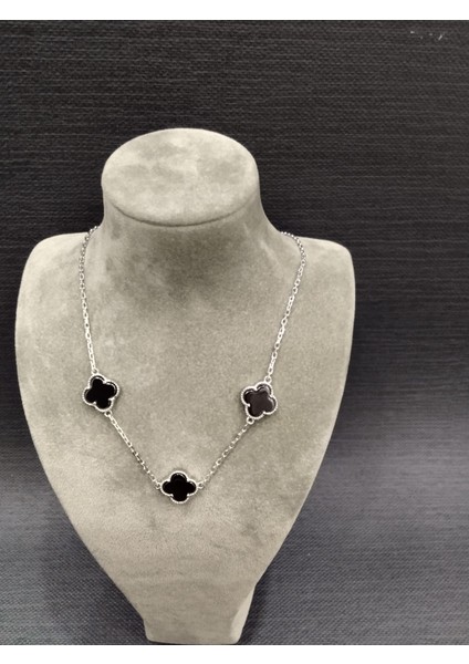 925 Ayar Siyah Üçlü Yonca Model Kadın Kolye-Şık Tasarım