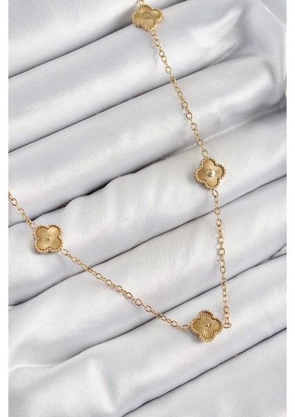 316L Çelik Yonca Model Gold Renk Kadın Kolye - TJ-BKO10378