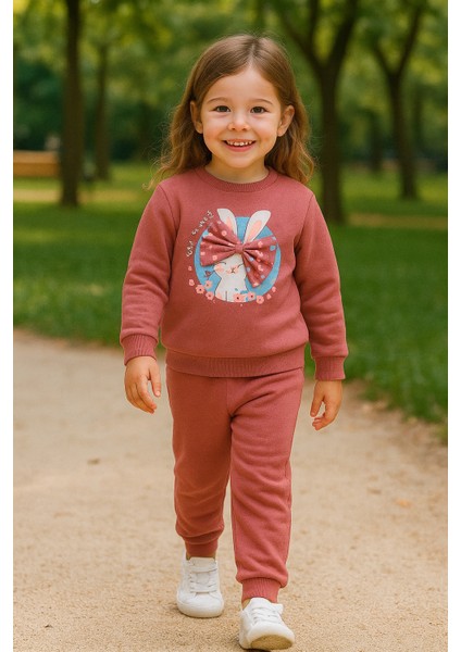 Kız Çocuk Kışlık Eşofman Takımı Sweatshirt Alt Pamuklu Üç Iplik Şardonlu 1-2-3-4 Yaş