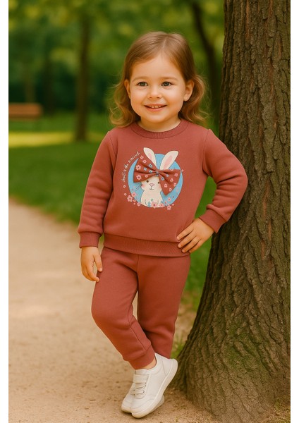Kız Çocuk Kışlık Eşofman Takımı Sweatshirt Alt Pamuklu Üç Iplik Şardonlu 1-2-3-4 Yaş