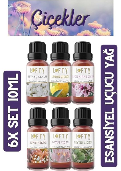 6x Çiçekler Seti Esansiyel Uçucu Yağ, Buhurdanlık Yağı, Difüzör Esansı, Oda Kokusu Sihirli Küre 10ML