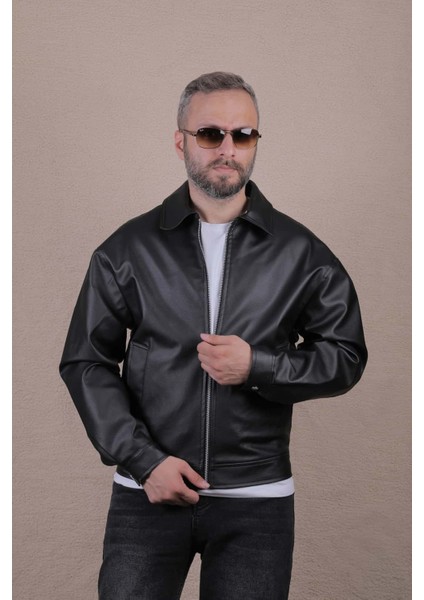 Oversize Rahat Kalıp Düz Erkek Deri Ceket
