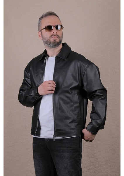 Oversize Rahat Kalıp Düz Erkek Deri Ceket modelleri