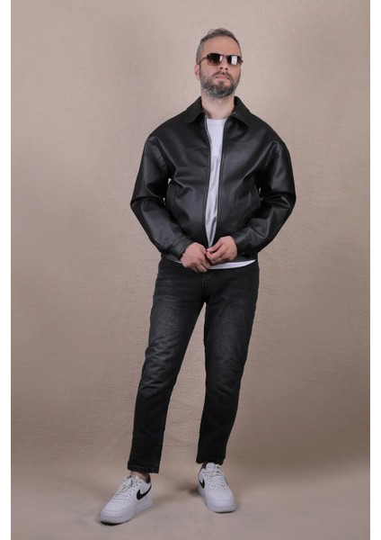 Oversize Rahat Kalıp Düz Erkek Deri Ceket