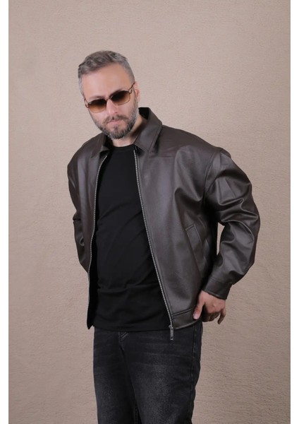 Oversize Rahat Kalıp Düz Erkek Deri Ceket