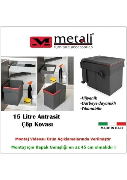 Dolap Içi Çöp Kovası Antrasit 15 L