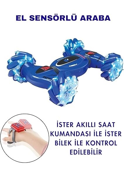 Kontrol ve Bilek Kumandalı Çift Kontrollü Şarjlı LED Işıklı Sesli ve Müzikli Drift Atan Akrobat Araba (Mavi) modelleri