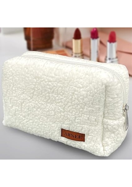 Beyaz Yumuşak Koyun Tüyü Peluş Makyaj Çantası Küçük Kozmetik Çantası (Beyaz) modelleri