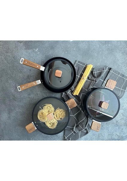 Bien Black 7 Parça Indüksiyonlu Tencere Tava Seti Akasya Ağacı Sap ve Kulpl