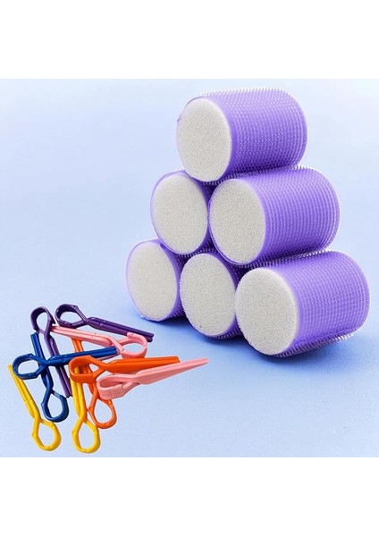 1203 Mor Cırtlı Sünger Bigudi 6lı Çap 5cm +10LU Plastik Saç Pensi