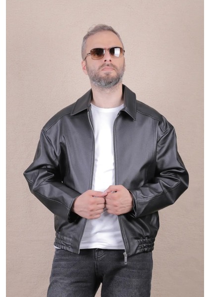 Oversize Rahat Kalıp Lastikli Erkek Deri Ceket