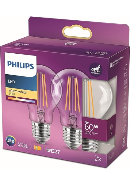 LED Classic 60W A60 Filament Ampul, 2700 Sarı Işık, E27 Normal Duy, Dim Edilmez 2'li Ekopaket