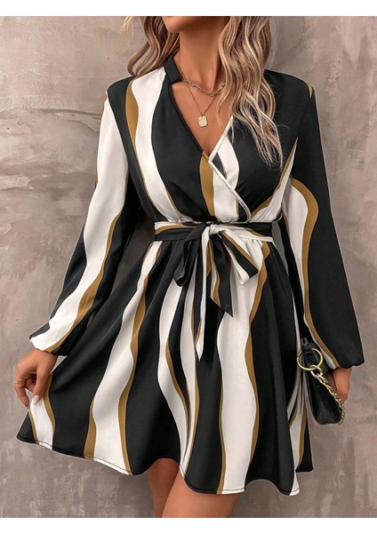 Kadın Uzun Kollu Kruvaze Yakalı Desenli Modal Mini Elbise modelleri