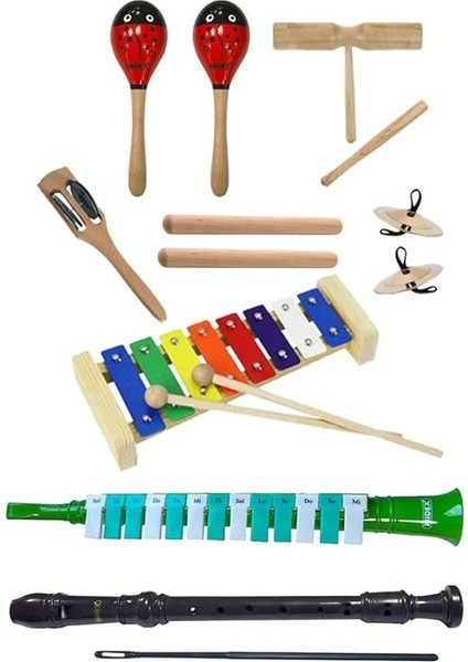 Örf Aletleri Seti Under Paket-3 Marakas Zil Çubuk Ksilofon Melodika Flüt (8 Parça)