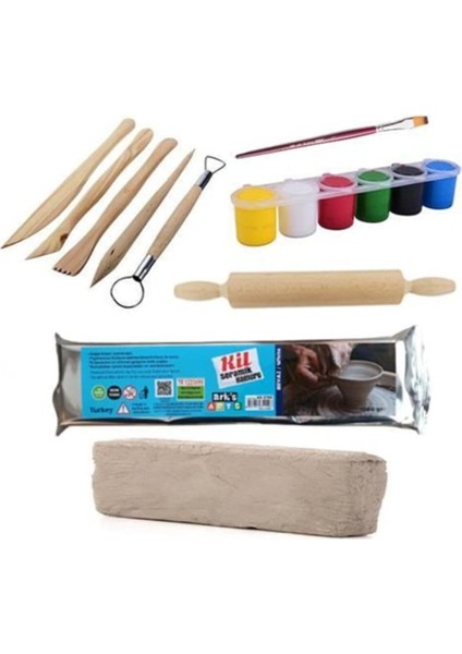 Kil Hamuru Set-4, Seramik Hamuru Başlangıç Seti, Ahşap Ebeşuar, Merdane, 1 kg Kil, Boya, Fırça