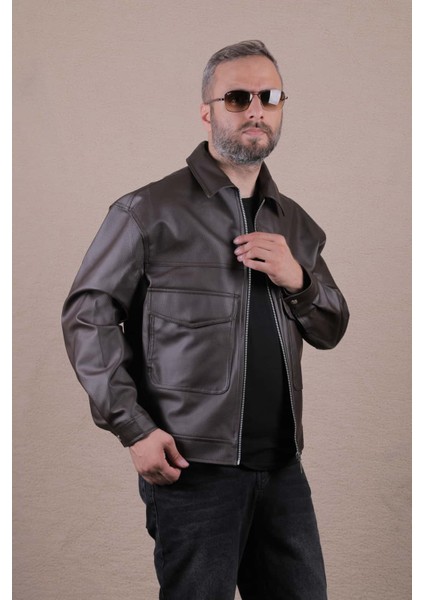 Oversize Rahat Kalıp Cep Detaylı Erkek Deri Ceket