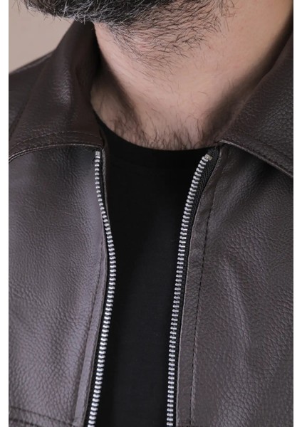 Oversize Rahat Kalıp Cep Detaylı Erkek Deri Ceket