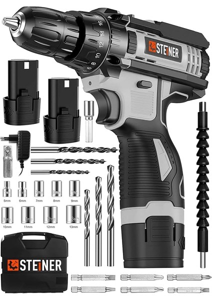 Alman Turbo Profesyonel 128 Vf 10 Ah Otomatik Korumalı Metal Şanzuman Çift Akülü Şarjlı Matkap + Set Gri