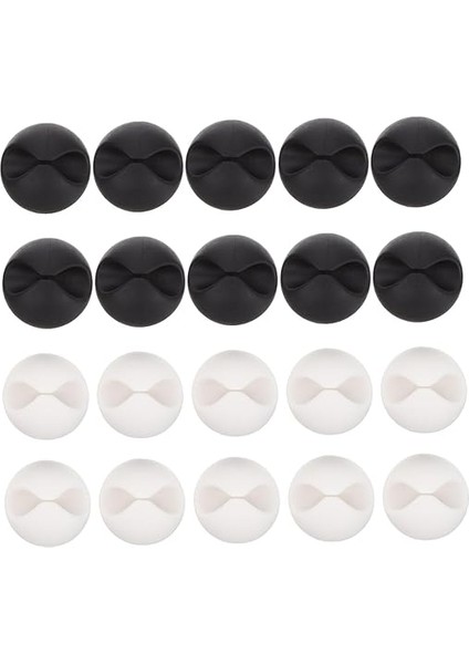 20’li Kablo Sabitleme Klipsi Seti | Siyah &amp; Beyaz Kablo Düzenleyici | Masa Üstü, Ofis, Ev ve Tv Kablo Yönetimi Için Yapışkanlı Klipsler