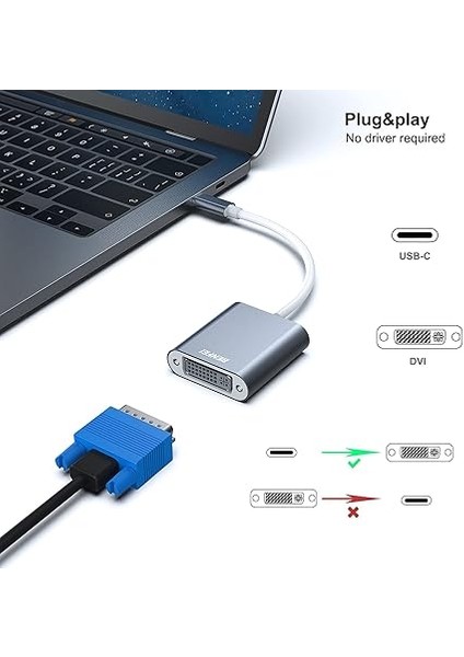 USB C - DVI Adaptörü, Tip-C - DVI Adaptörü [thunderbolt 3/4 Uyumlu] iPhone 15 Pro/max, MacBook Pro/air 2023, iPad Pro, Imac, S23, Xps 17, Surface Book 3 ve Daha Fazlası ile - Gri fiyatları