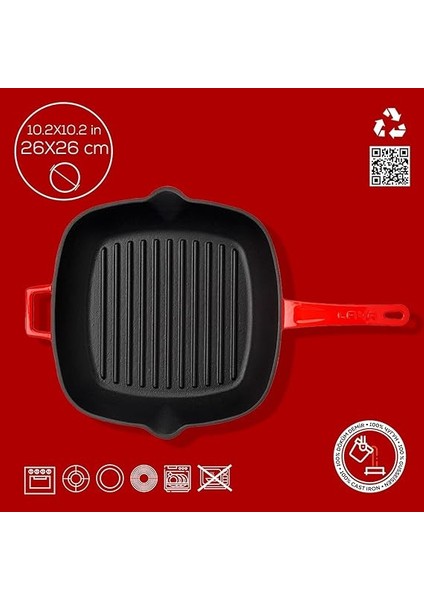 Metal Döküm Izgara Tava, Metal Saplı, 26X26 Cm, Kırmızı fırsatları