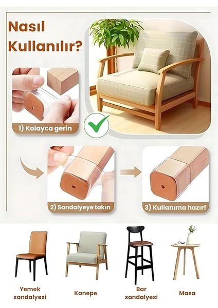 Adet Kare Sandalye Papucu (3.5–3.9 Cm) – Şeffaf Silikon Ince Keçeli, Gürültü Önleyici ve Zemin Koruyucu Mobilya Ayak Kılıfı modelleri