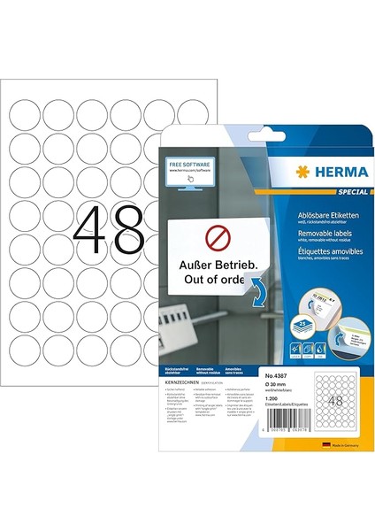 4387 Üniversal Etiket Dın A4 Çıkarılabilir 30 Mm, 25 Yaprak, Kağıt, Mat, Yuvarlak, Çıkarılabilir ve Tekrar Yapışan Adres Çıkartması, 1.200 Yapışkan Etiket, Beyaz