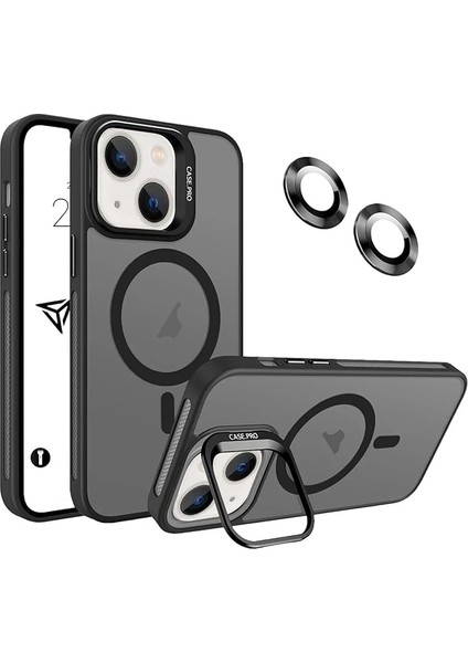 iPhone Için Kılıf Kamera Korumalı Magsafe Wireless Şarj Özellikli Mat Şeffaf Renkli Standlı Kılıf (Lens Hediyeli) (Siyah, iPhone 13)