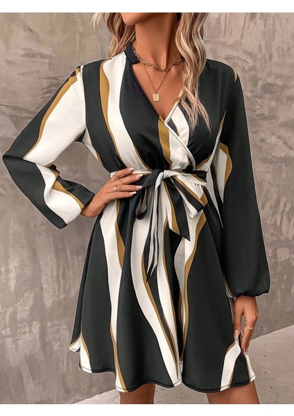 Kadın Uzun Kollu Kruvaze Yakalı Desenli Modal Mini Elbise fiyatları