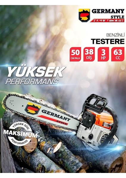 Germany Style Alman Benzinli Testere 15 Hpx 63CC Ağaç Odun Dal Kesme Makinesi Motorlu Testere Yeni Nesil Motor 38 Diş modelleri