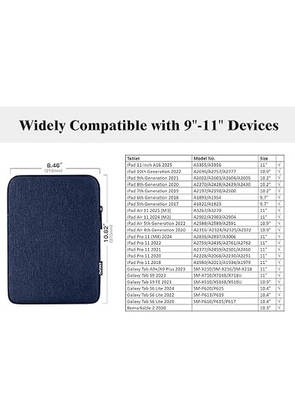 9-11" Tablet Sleeve Bag For iPad 10.2 2021-2019,IPAD 10TH 2022,IPAD Air 5/4 10.9,ipad Air 11 Inch 2024,IPAD Pro 11 Inch 2024,GALAXY Tab S9/s8/a8/a7,protective Bag Fit Smart Keyboard, Dark Blue fiyatları
