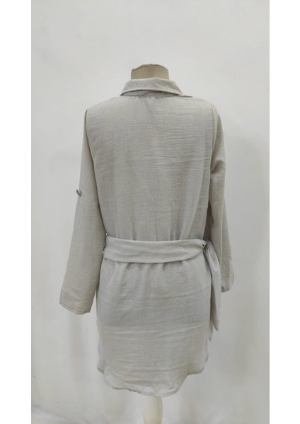 Kadın Uzun Kollu Yakalı Önden Düğmeli Beli Kuşaklı Mini Ithal Keten Elbise