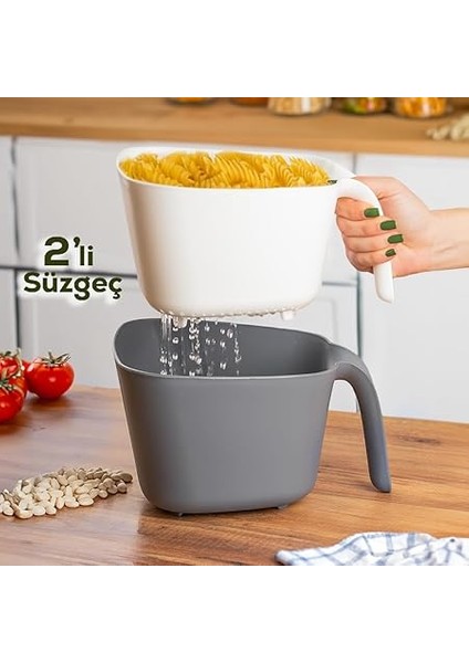 G-575 2 Parça Plastik Süzgeç Çok Amaçlı Makarna Meyve Sebze Pirinç Yıkama Süzgeci Gri Beyaz fiyatları