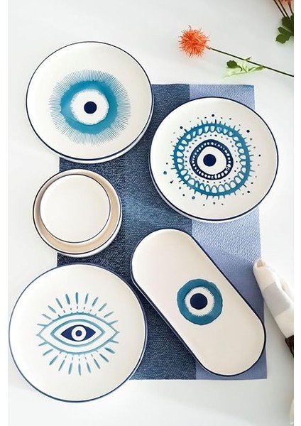 Seramik Hand Made 14 Parça 6 Kişilik Nazar Boncuklu Kahvaltı Takımı modelleri