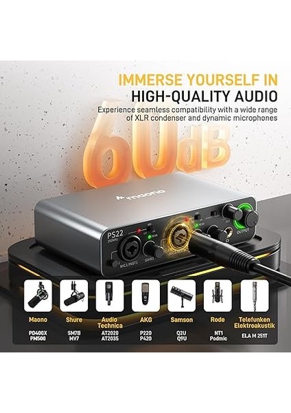 60 Db Pro-Preamp, 24BIT/192KHZ, Pc ve Akıllı Telefon Için Çift USB Arayüzü, Ev Kaydı Için Yönlendirme Yazılımı, Müzik Prodüksiyonu, Gitar, Podcast, Akış (PS22) ile Pc Için USB Ses Arabirimi fiyatları