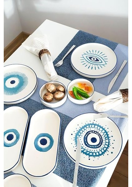 Seramik Hand Made 14 Parça 6 Kişilik Nazar Boncuklu Kahvaltı Takımı fırsatları