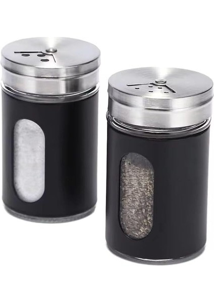 Home 2'li Ayarlanabilir Metal Gövdeli Cam Tuzluk ve Baharatlık Seti - Şık ve Dayanıklı Tasarım, Mutfakta Pratik Kullanım (Siyah, 8 Cm)