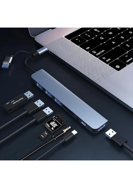 Çoklayıcı Adaptör 8 In 1 Usb/type-C To USB A, USB C Macbook Uyumlu Çevirici Adaptör Çok Portlu Çoklayıcı 8in1 USB Hub Titanyum Renk BYL2218TU modelleri